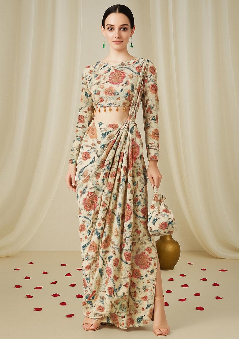 Multicolor Printed Chiffon Fusion Set - Indya