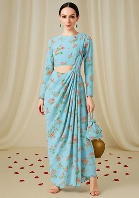 Sky Blue Printed Chiffon Fusion Set