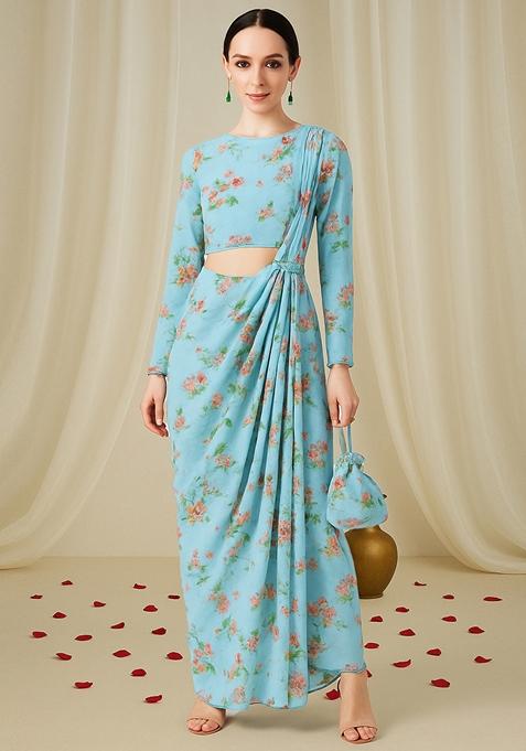 Sky Blue Printed Chiffon Fusion Set