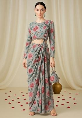 Grey Printed Chiffon Fusion Set