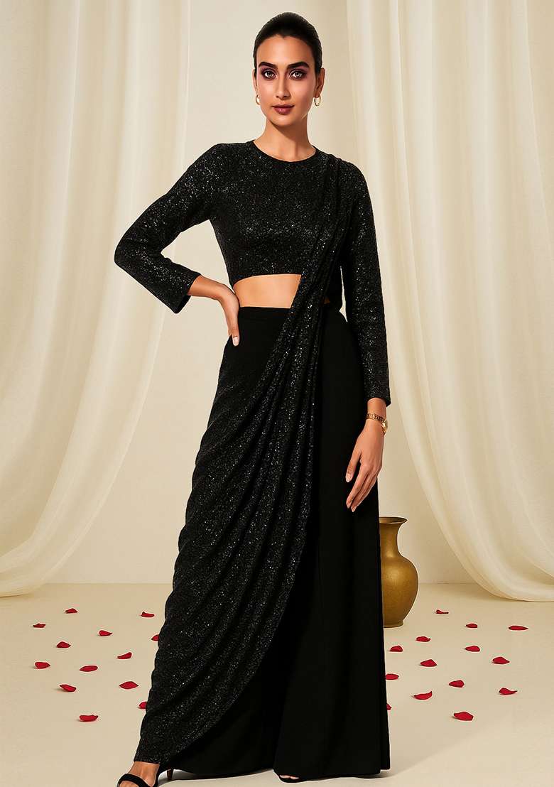 Black Sequin Embellished Georgette Fusion Set - Indya