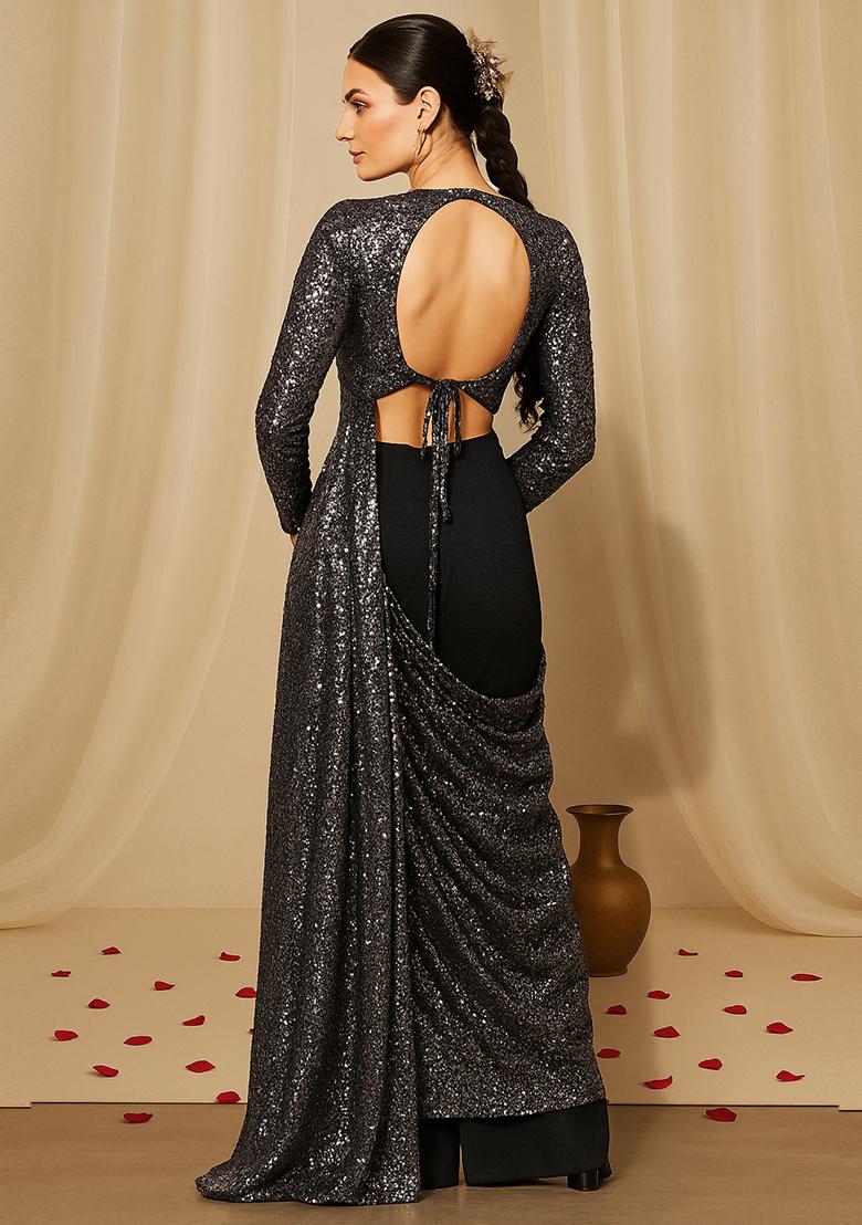 Grey Sequin Embellished Georgette Fusion Set - Indya