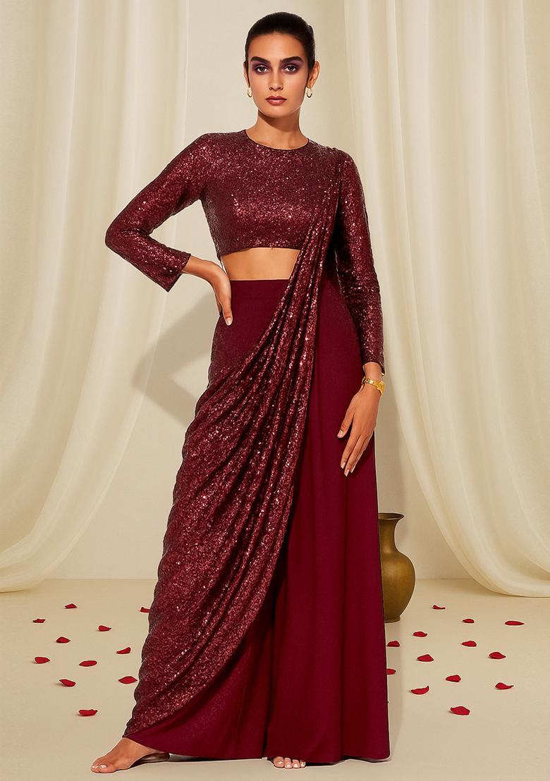 Maroon Sequin Embellished Georgette Fusion Set