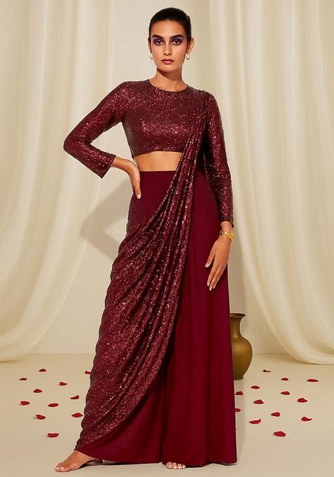 Maroon Sequin Embellished Georgette Fusion Set