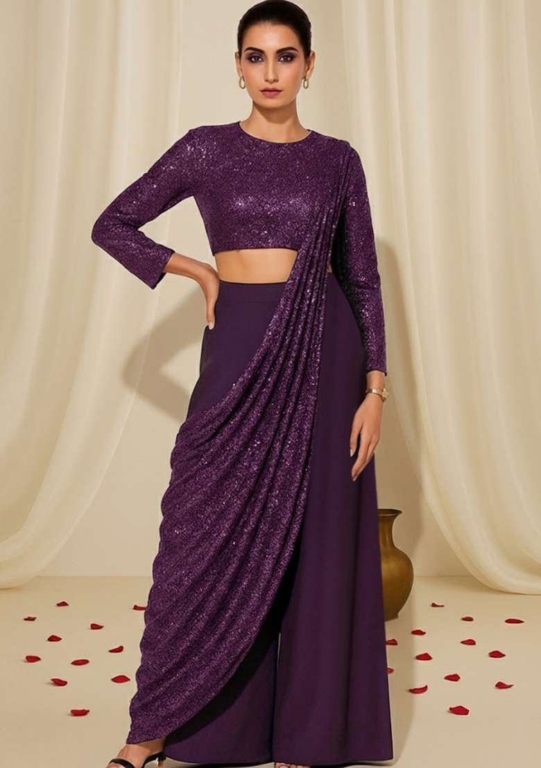 Purple Sequin Embellished Georgette Fusion Set - Indya