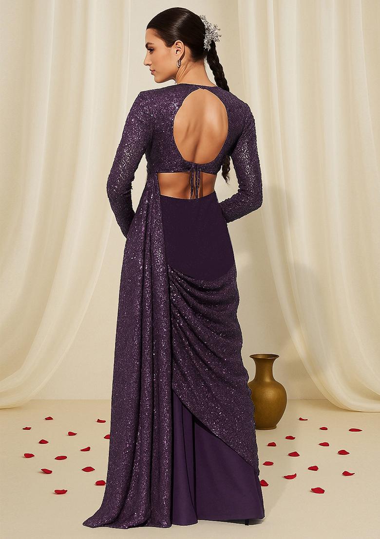 Purple Sequin Embellished Georgette Fusion Set - Indya