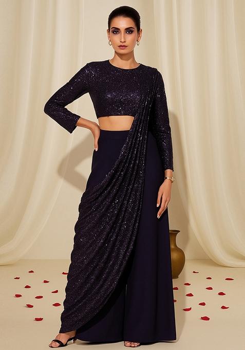 Purple Sequin Embellished Georgette Fusion Set