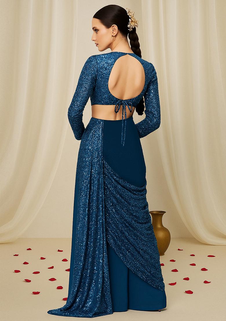 Blue Sequin Embellished Georgette Fusion Set - Indya