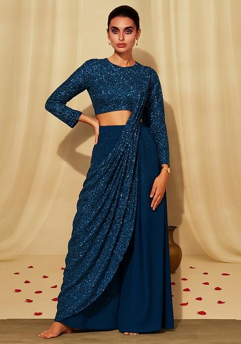 Blue Sequin Embellished Georgette Fusion Set