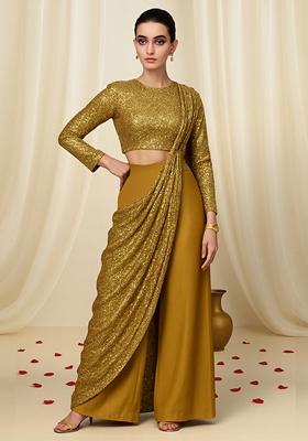 Golden Sequin Embellished Georgette Fusion Set
