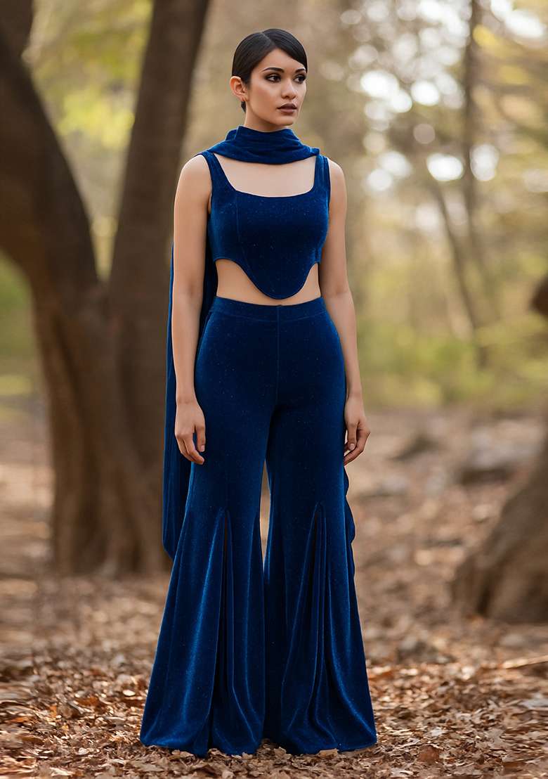 Blue Stone Work Satin Corset Blouse Fusion Set - Indya