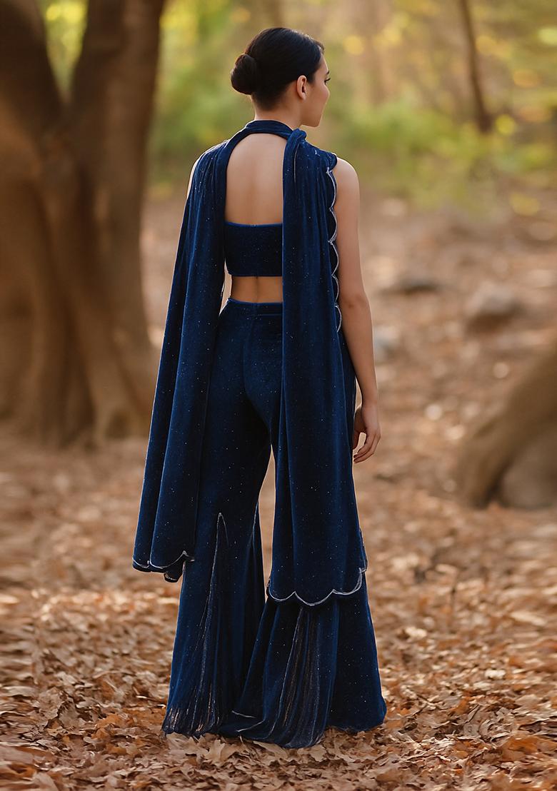 Blue Stone Work Satin Fusion Set - Indya