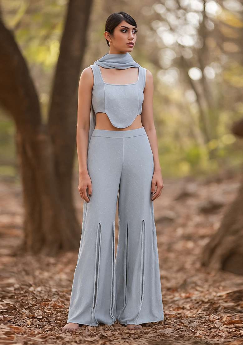 Blue Stone Work Satin Corset Blouse Fusion Set - Indya