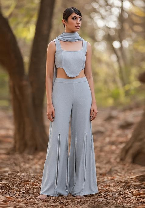 Blue Stone Work Satin Fusion Set