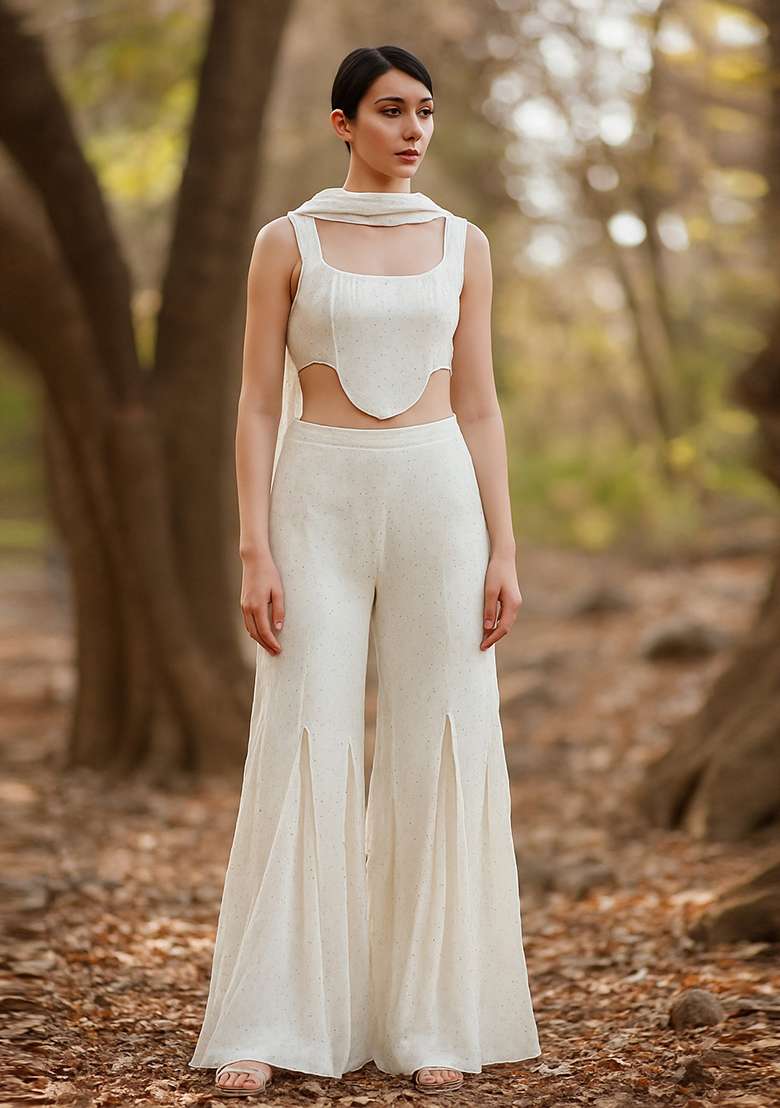 Cream Stone Work Satin Corset Blouse Fusion Set - Indya