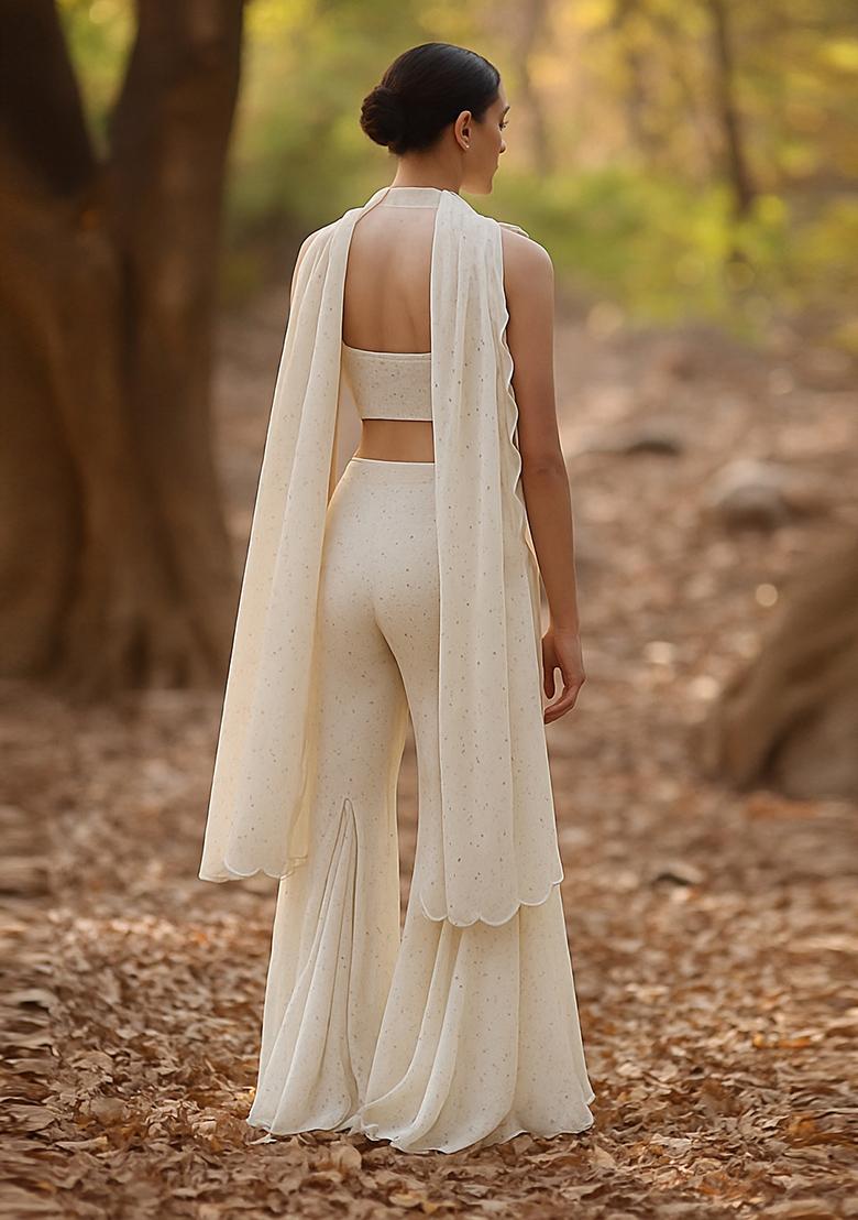 Cream Stone Work Satin Fusion Set - Indya