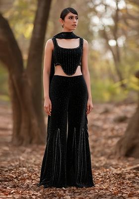 Black Stone Work Satin Fusion Set