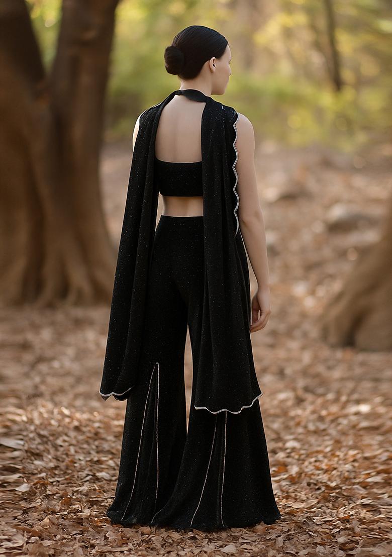 Black Stone Work Satin Fusion Set - Indya