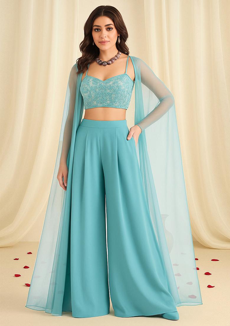Sky Blue Sequin Embroidered Georgette Fusion Set - Indya