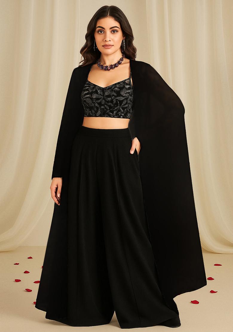 Black Sequin Embroidered Net Fusion Set - Indya