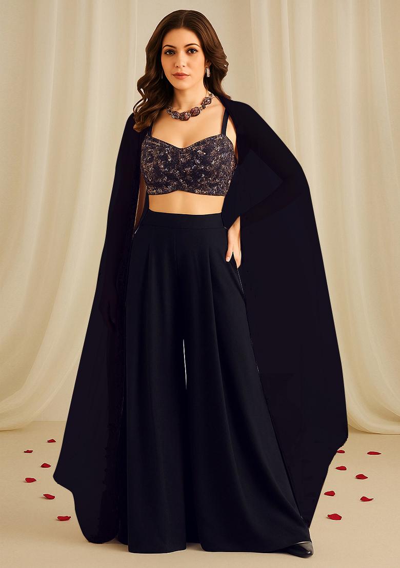 Navy Blue Sequin Embroidered Net Fusion Set - Indya