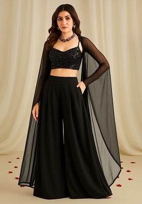 Black Sequin Embroidered Net Fusion Set