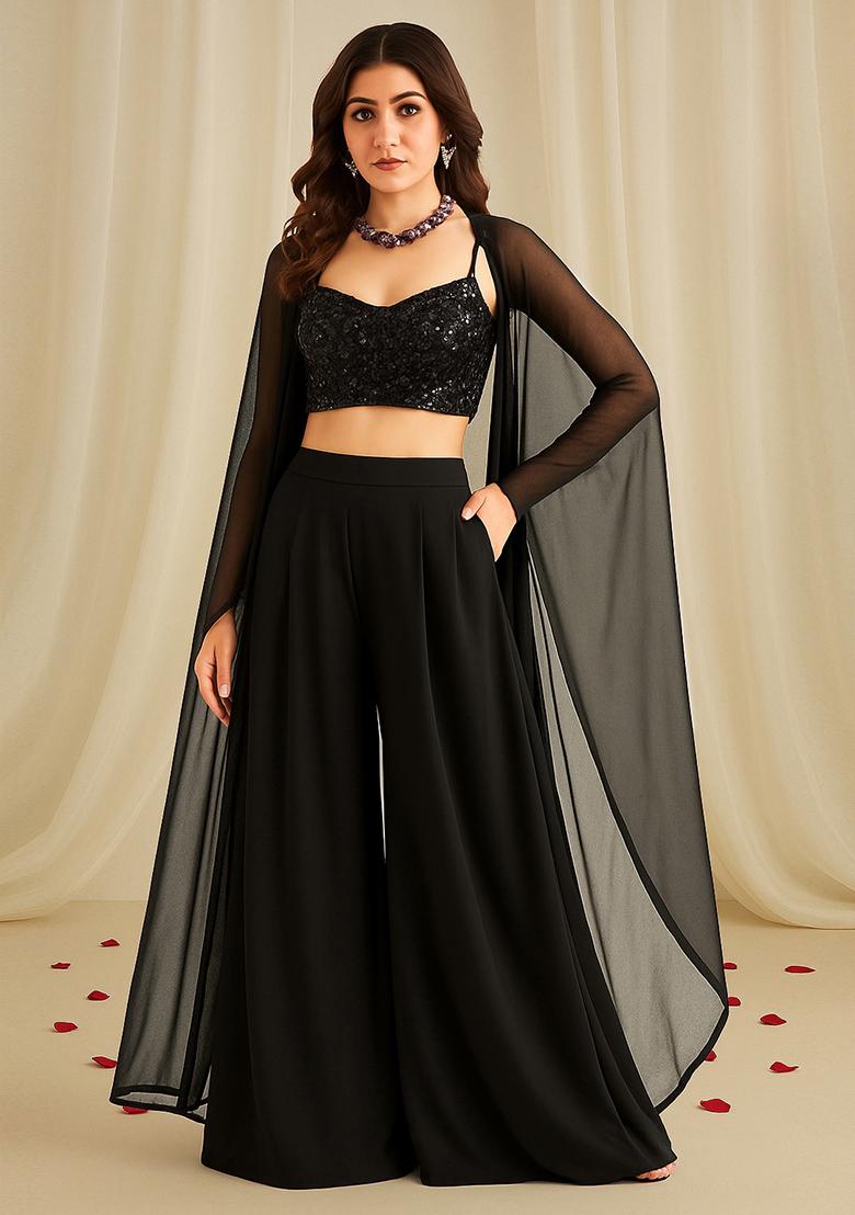 Black Sequin Embroidered Net Fusion Set - Indya