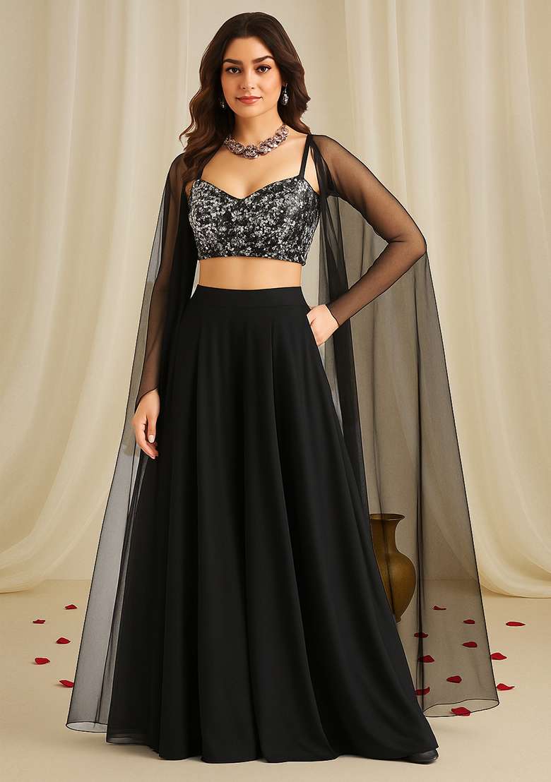 Black Sequin Embroidered Net Fusion Set - Indya