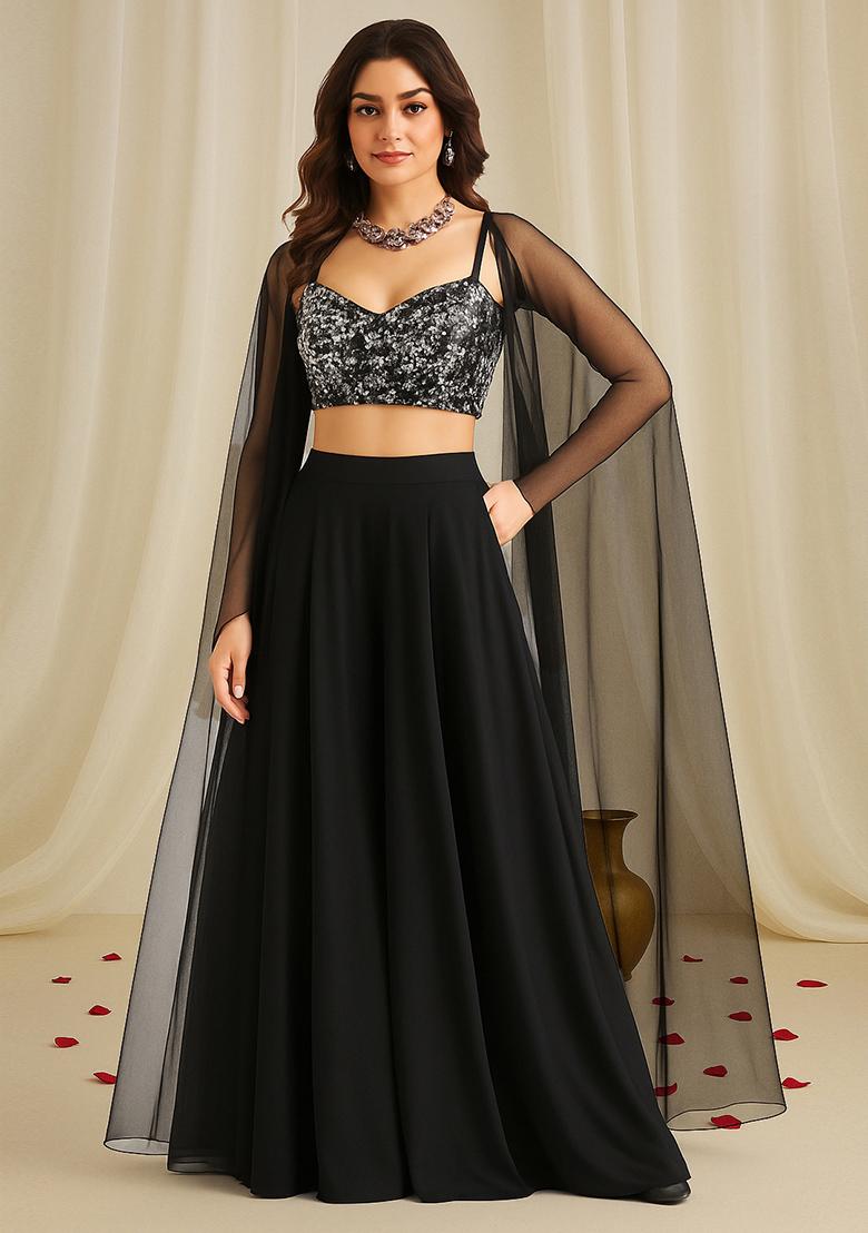 Black Sequin Embroidered Net Fusion Set - Indya