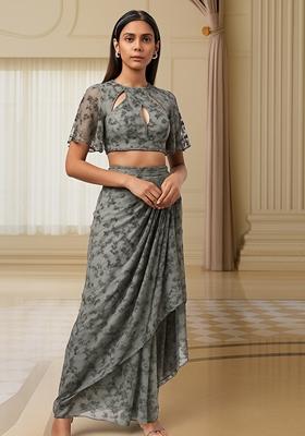 Grey Embroidered&nbsp; Net Fusion Set