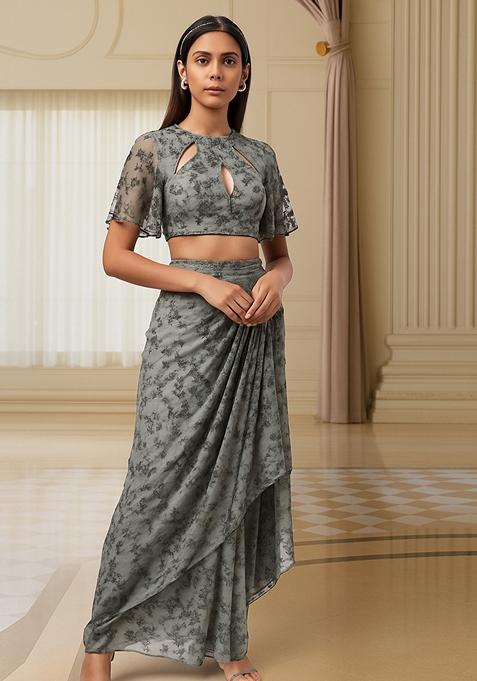 Grey Embroidered  Net Fusion Set