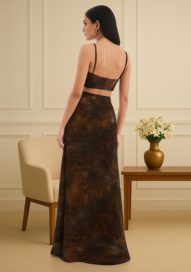 Copper Printed Pleated Lurex Fusion Set - Indya