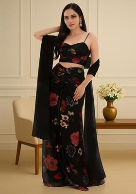 Brown Printed Pleated Lurex Fusion Set