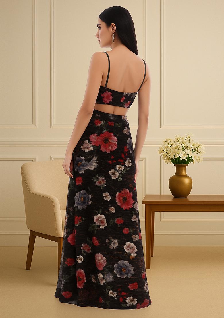 Brown Printed Pleated Lurex Fusion Set - Indya