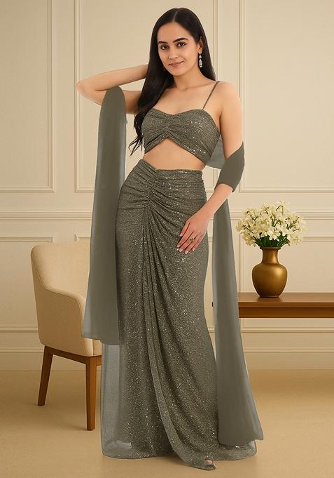 Grey Sequin Embellished Net Fusion Set