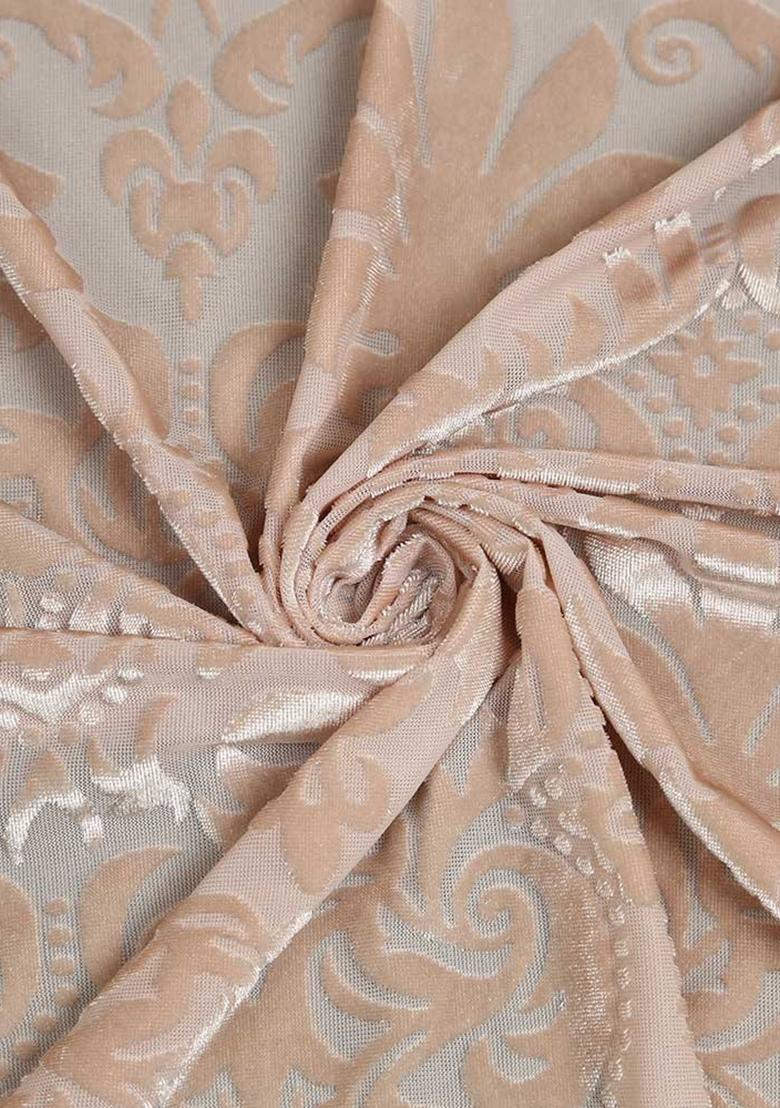 Peach Self Design Velvet Fusion Set - Indya