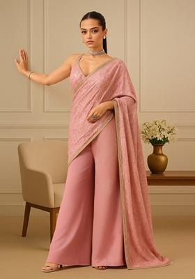 Pink Self Design Velvet Fusion Set