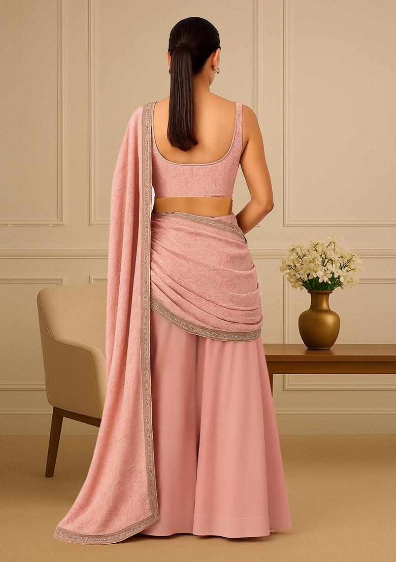 Pink Self Design Velvet Fusion Set - Indya