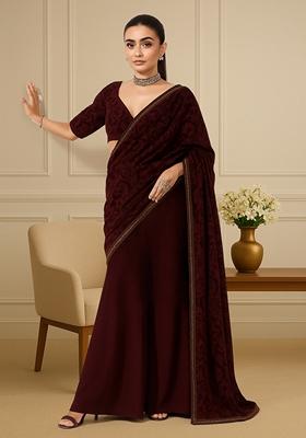 Maroon Self Design Velvet Fusion Set