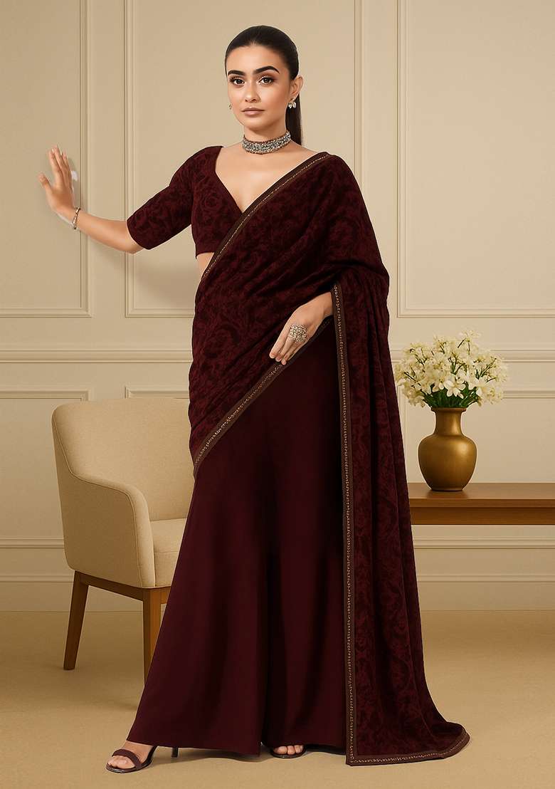 Maroon Self Design Velvet Fusion Set - Indya