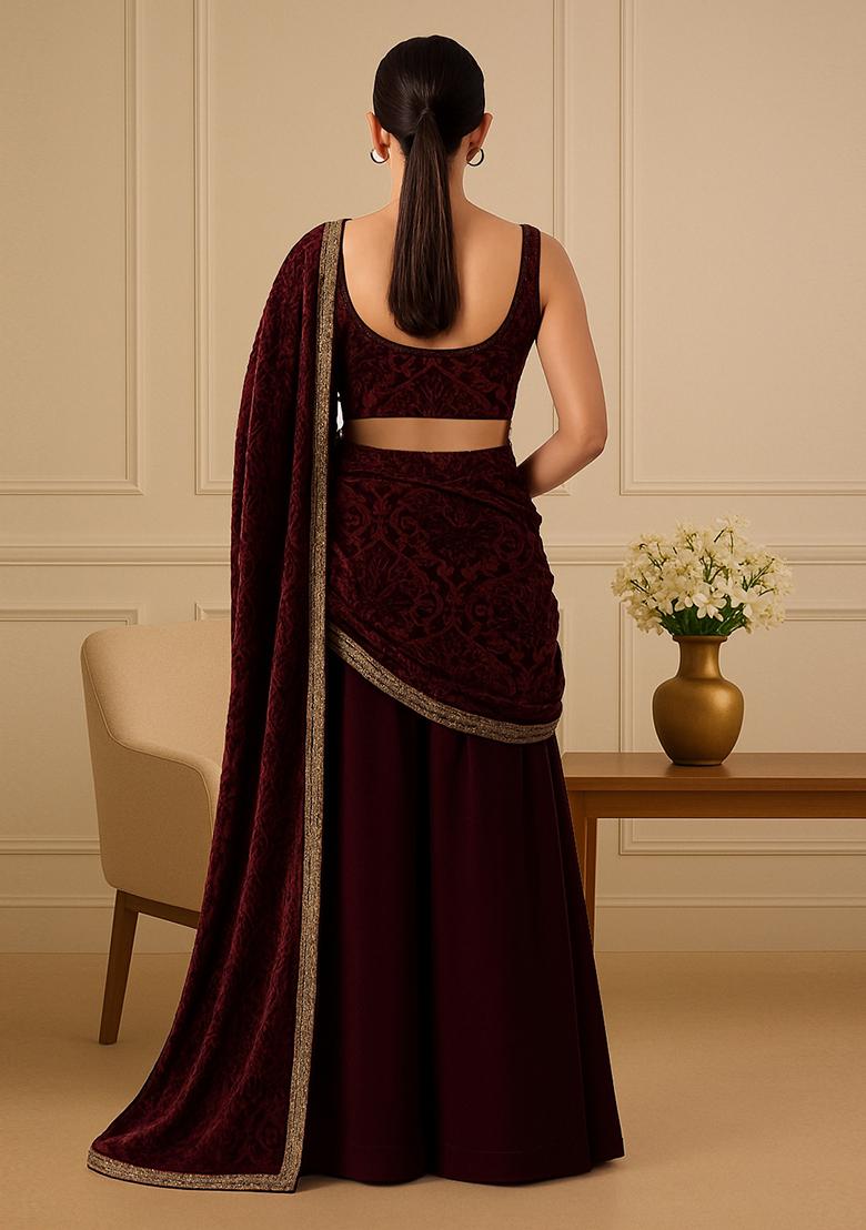 Maroon Self Design Velvet Fusion Set - Indya