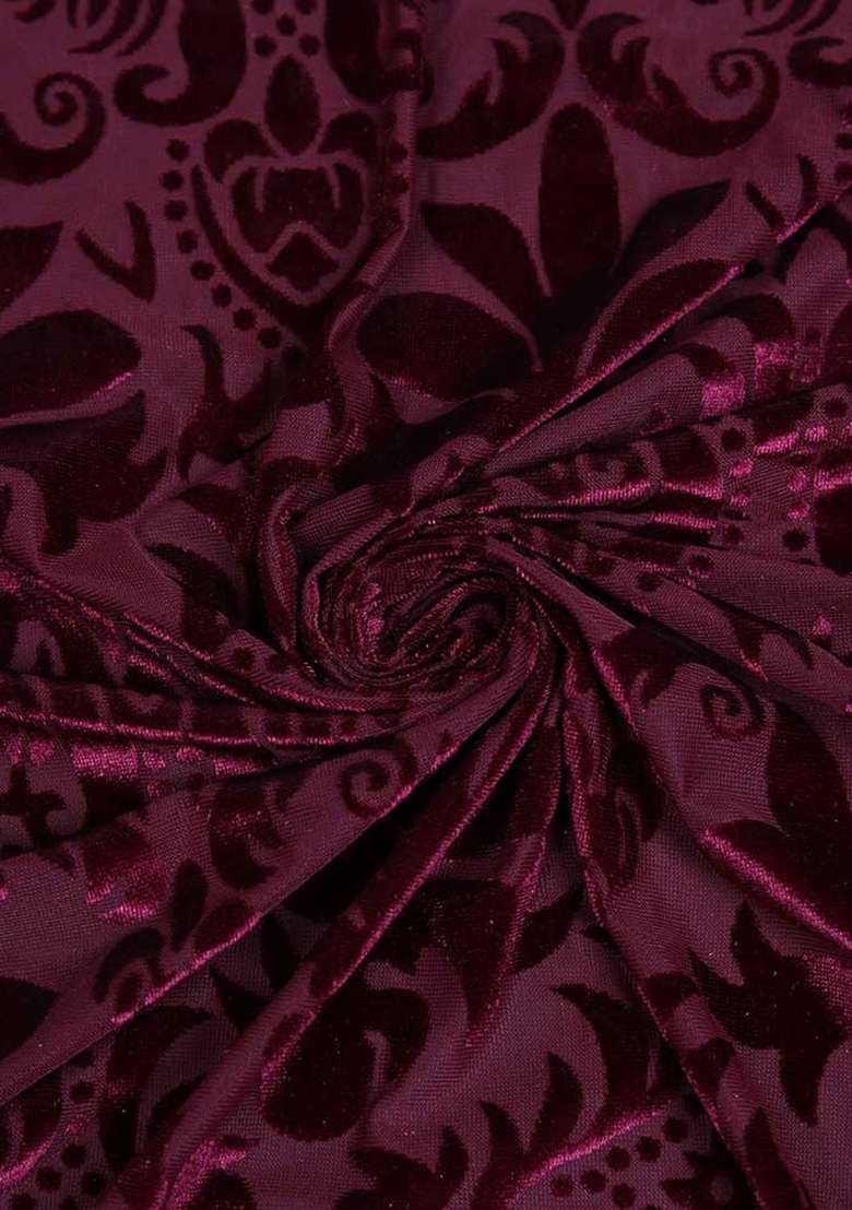 Maroon Self Design Velvet Fusion Set - Indya