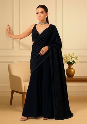 Navy Self Design Velvet Fusion Set