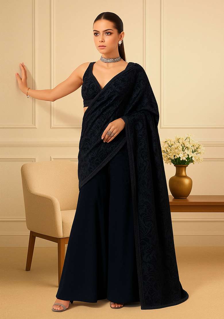 Navy Self Design Velvet Fusion Set - Indya