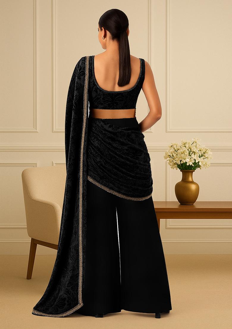 Navy Self Design Velvet Fusion Set - Indya