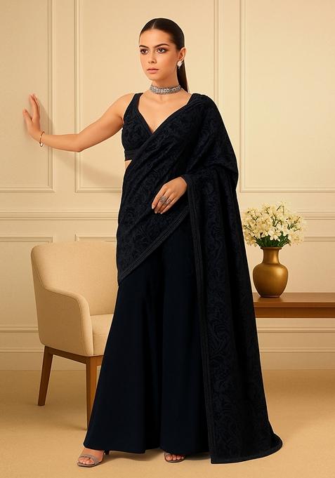 Navy Self Design Velvet Fusion Set