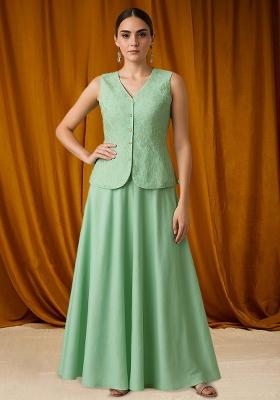 Mint Green Satin Embroidered Fusion Set