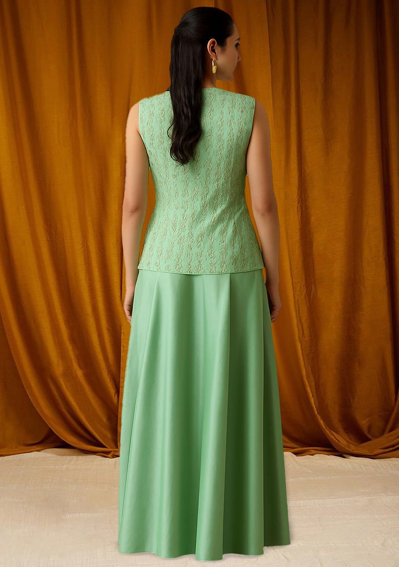 Mint Green Satin Embroidered Fusion Set - Indya