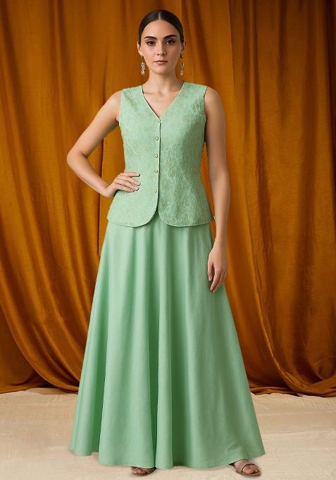 Mint Green Satin Embroidered Fusion Set