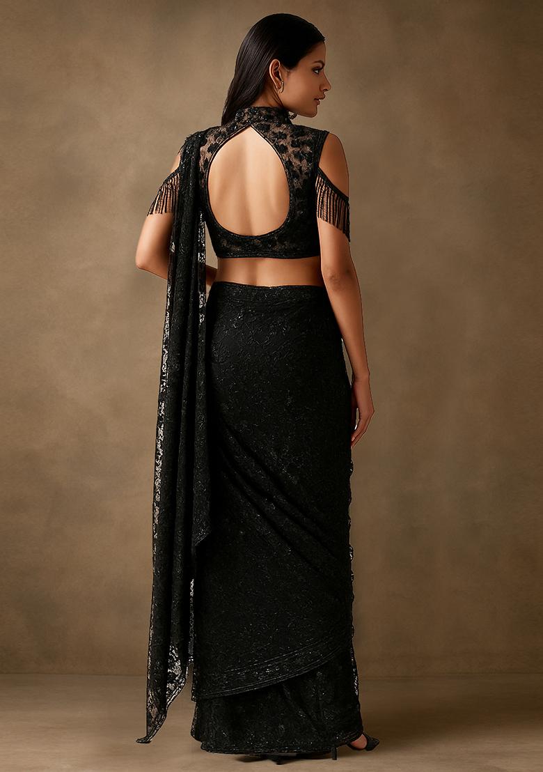 Black Net Embroidered Fusion Set - Indya